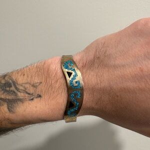 Vintage turquoise inlaid sterling silver bangle Cuff vintage Mexican TAXCO .925